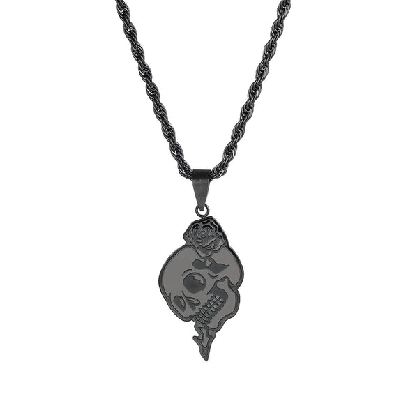 Punk Gothic Style Stainless Steel And Titanium Steel Rose Skull Pendant Necklace With Twist Chain And Geometric Pattern Handmade For Men