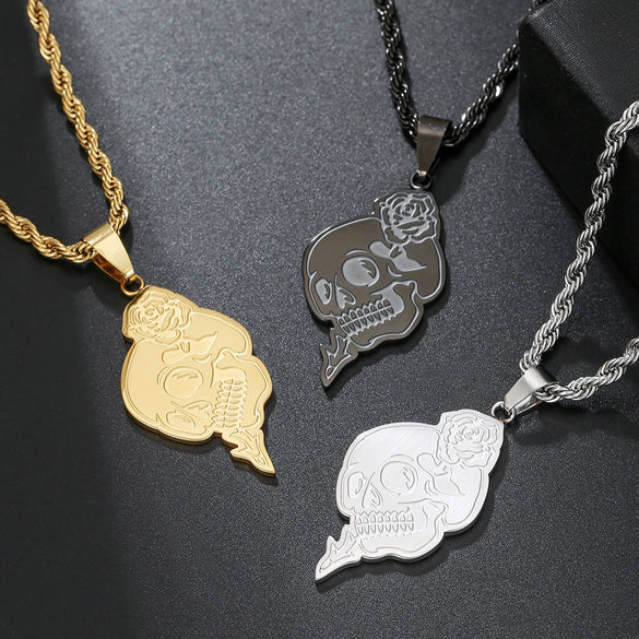 Punk Gothic Style Stainless Steel And Titanium Steel Rose Skull Pendant Necklace With Twist Chain And Geometric Pattern Handmade For Men