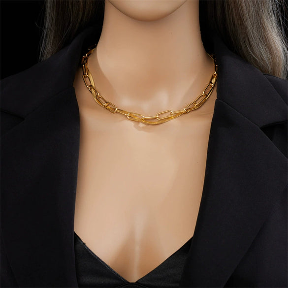 Punk Hip Hop Personality Design Contrast Color Double Layer Chain Titanium Steel Geometric Heavy Industry Necklace With Electroplating