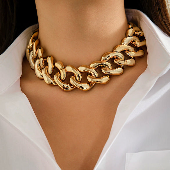 Punk Hip Hop Thick Chain Necklace With Geometric Buckle Ccb Electroplated Jewelry For Women
