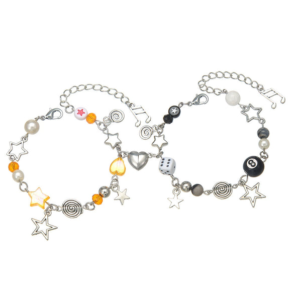 Punk Hollow Fivepointed Star Star Moon Sun Cat Alloy Iron Glass Handmade Geometric Bracelet Unisex