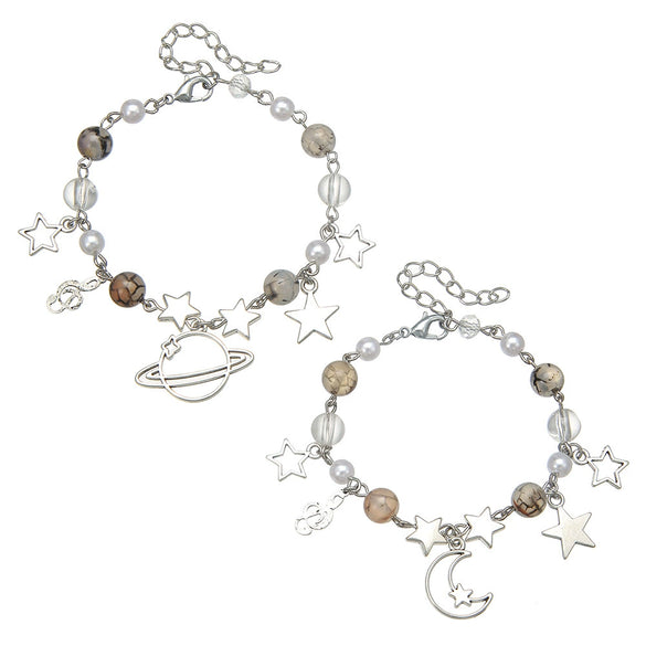 Punk Hollow Fivepointed Star Star Moon Sun Cat Alloy Iron Glass Handmade Geometric Bracelet Unisex