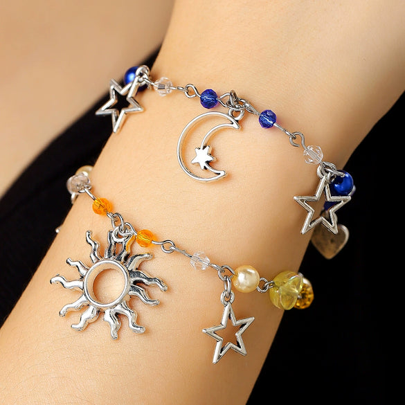Punk Hollow Fivepointed Star Star Moon Sun Cat Alloy Iron Glass Handmade Geometric Bracelet Unisex