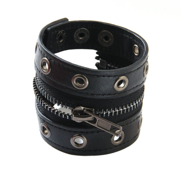 Punk Jewelry Artificial Leather Bracelet With Rivet Chain Geometric Pattern Handmade Unisex