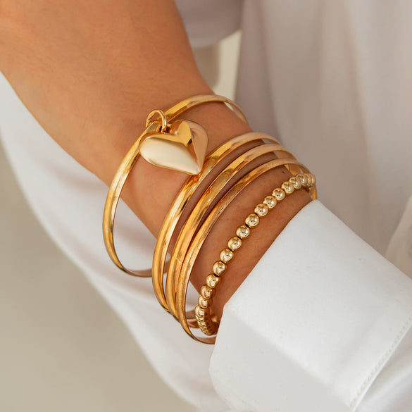 Punk Metal Beaded Bracelet With Love Pendant Geometric Style Iron Electroplated For Women