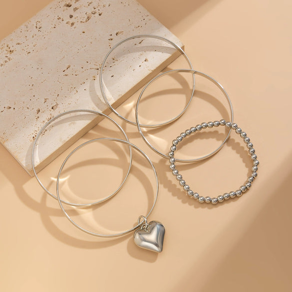 Punk Metal Beaded Bracelet With Love Pendant Geometric Style Iron Electroplated For Women