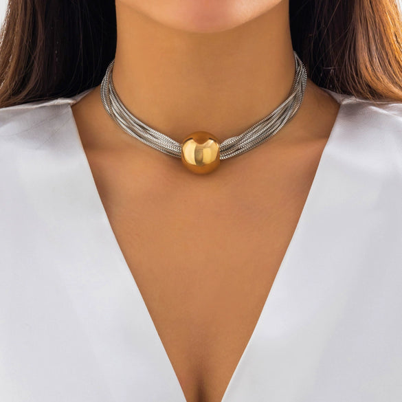 Punk Multilayer Chain Stacked Necklace Geometric Ball Style With Plastic Resin Material And Electroplating Process And Letters Numbers Text Pattern For Women