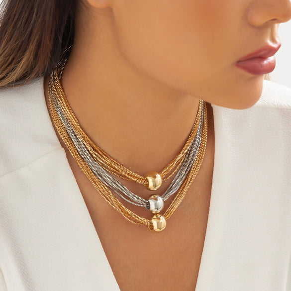 Punk Multilayer Chain Stacked Necklace Geometric Ball Style With Plastic Resin Material And Electroplating Process And Letters Numbers Text Pattern For Women
