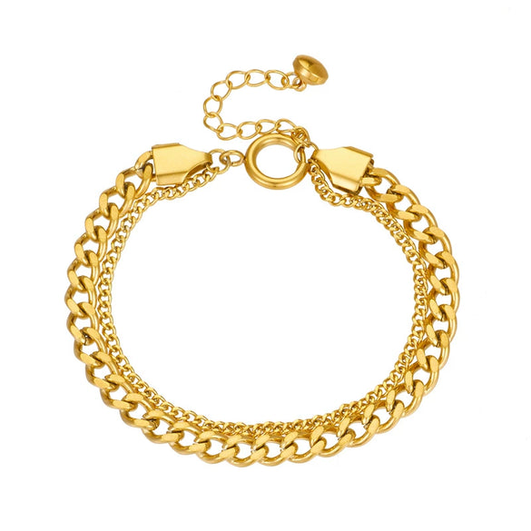 Punk Retro Doublelayer Stacked Chain Stainless Steel Goldplated Unisex Bracelet