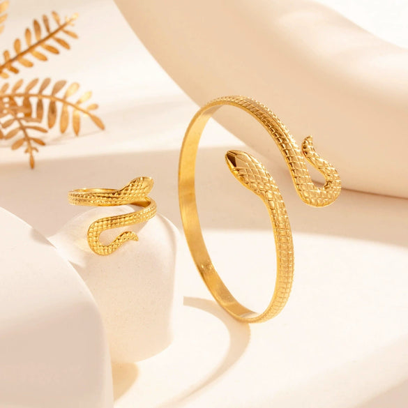 Punk Snake Style Stainless Steel And Titanium Steel Opening Adjustable Jewelry With Electroplating