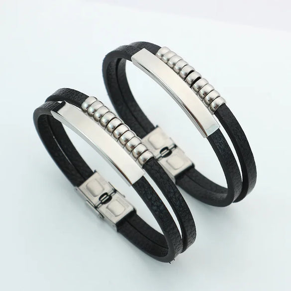 Punk Solid Color Pu Leather Men'S Bangle Men Cord & Leather Bracelets