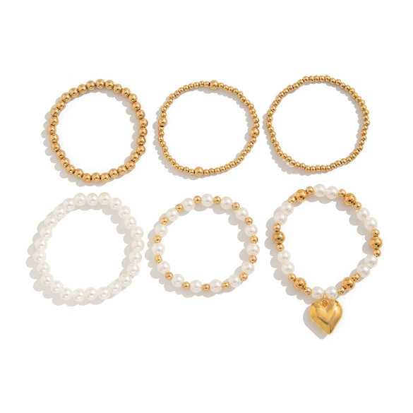 Punk Stacked Love Pendant Beaded Bracelet Imitation Pearl Elastic Bracelet Electroplating Heart Geometric