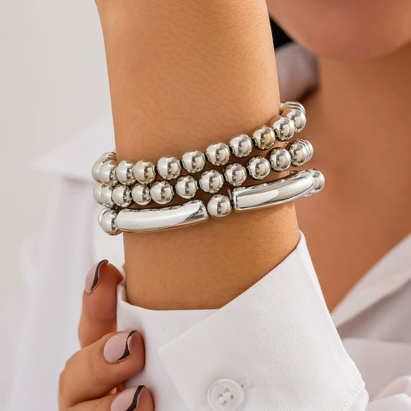 Punk Stacked Love Pendant Beaded Bracelet Imitation Pearl Elastic Bracelet Electroplating Heart Geometric