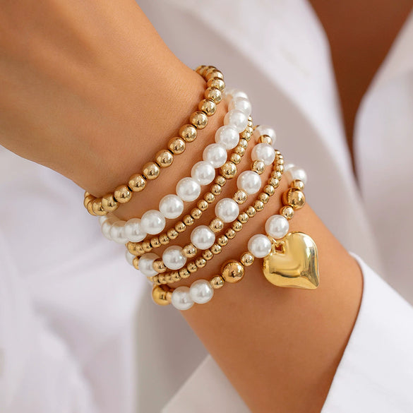 Punk Stacked Love Pendant Beaded Bracelet Imitation Pearl Elastic Bracelet Electroplating Heart Geometric