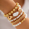 Punk Stacked Love Pendant Beaded Bracelet Imitation Pearl Elastic Bracelet Electroplating Heart Geometric