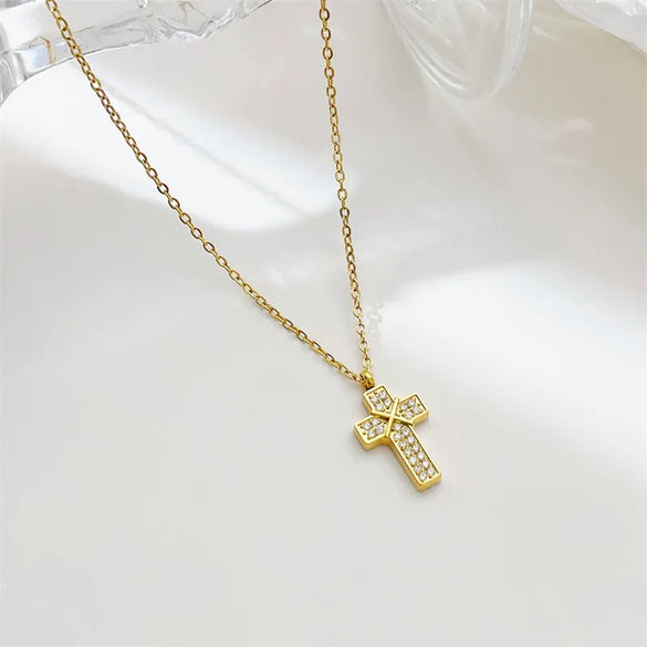 Wholesale Jewelry Punk Streetwear Cross 304 Stainless Steel Zircon White Gold Plated Gold Plated Plating Inlay Pendant Necklace