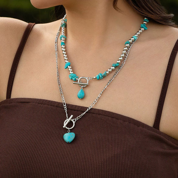 Punk Style Alloy Imitation Turquoise Peach Heart Pendant Necklace With Iron Chain And Animal Zodiac Pattern Electroplated