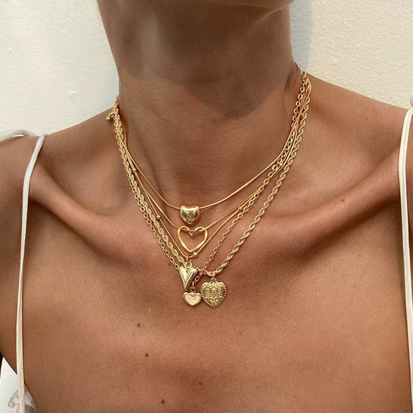Punk Style Alloy Pendant Necklace With Heart And Star Shapes Electroplated