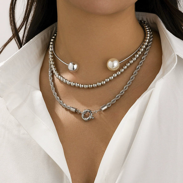 Punk Style Asymmetric Imitation Pearl Beaded Necklace With Geometric Pattern For Women