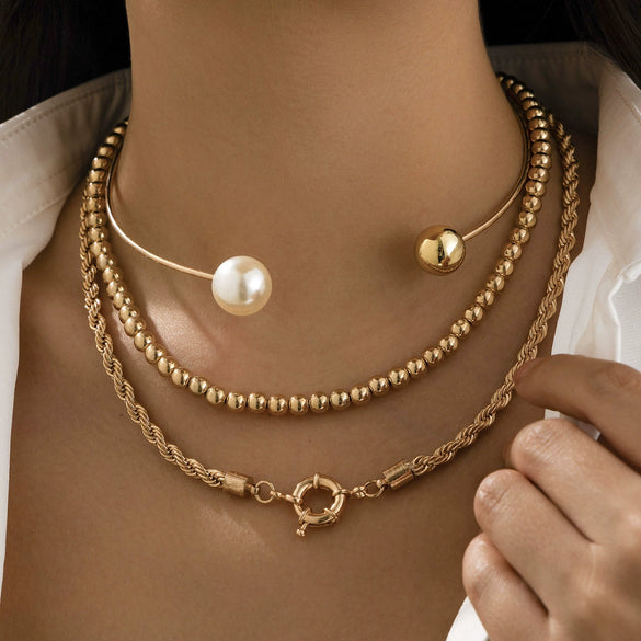 Punk Style Asymmetric Imitation Pearl Beaded Necklace With Geometric Pattern For Women