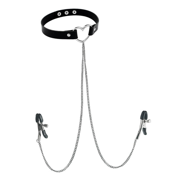 Punk Style Collar Necklace With Pu Leather Heart Pattern And Stainless Steel Snake Bone Chain Electroplating Treatment