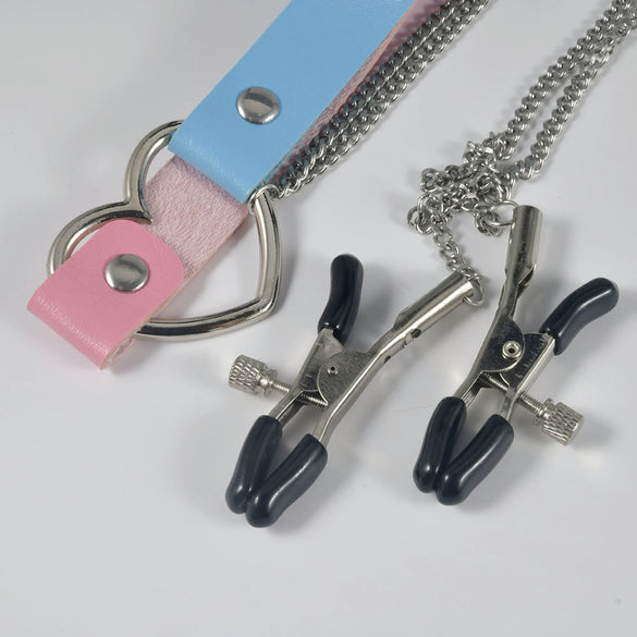 Punk Style Collar Necklace With Pu Leather Heart Pattern And Stainless Steel Snake Bone Chain Electroplating Treatment