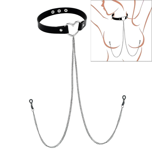 Punk Style Collar Necklace With Pu Leather Heart Pattern And Stainless Steel Snake Bone Chain Electroplating Treatment