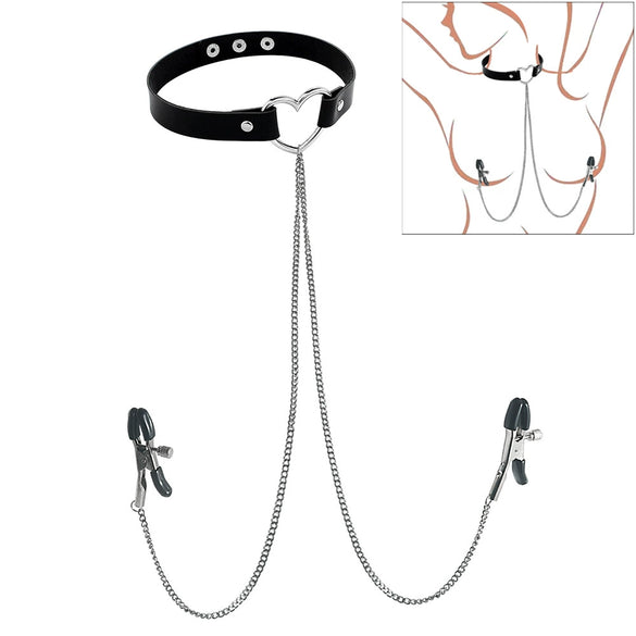Punk Style Collar Necklace With Pu Leather Heart Pattern And Stainless Steel Snake Bone Chain Electroplating Treatment