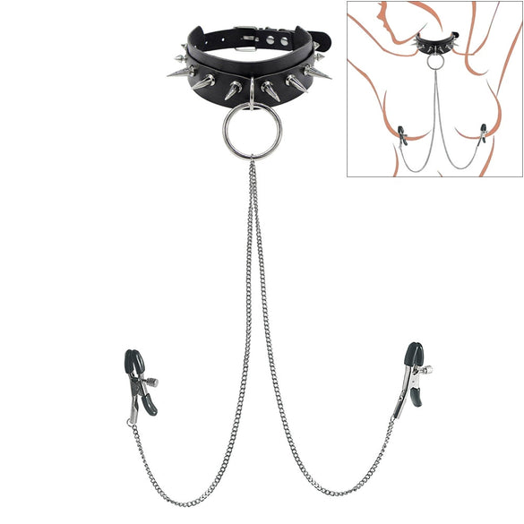 Punk Style Collar Necklace With Pu Leather Heart Pattern And Stainless Steel Snake Bone Chain Electroplating Treatment