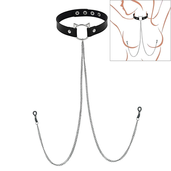 Punk Style Collar Necklace With Pu Leather Heart Pattern And Stainless Steel Snake Bone Chain Electroplating Treatment