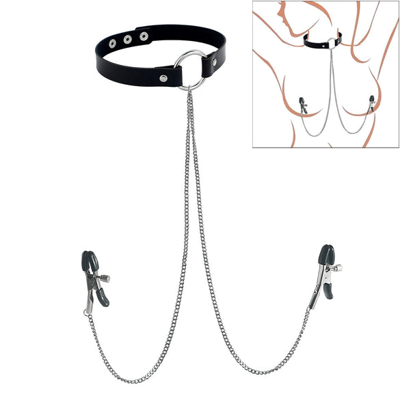 Punk Style Collar Necklace With Pu Leather Heart Pattern And Stainless Steel Snake Bone Chain Electroplating Treatment