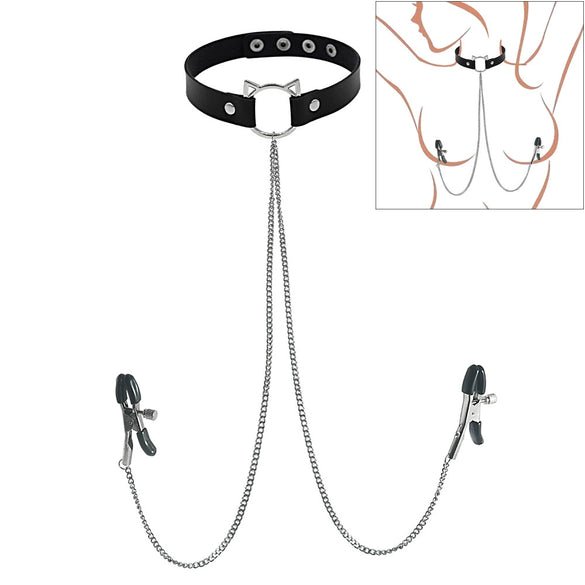 Punk Style Collar Necklace With Pu Leather Heart Pattern And Stainless Steel Snake Bone Chain Electroplating Treatment