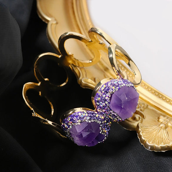Punk Style Crystal Heavy Industry Cut Out Wide Edge Electroplated Gold Bracelet For Women