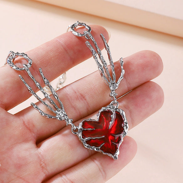 Punk Style Dark Red Love Alloy Heart Shape Pendant Necklace With Electroplating Treatment