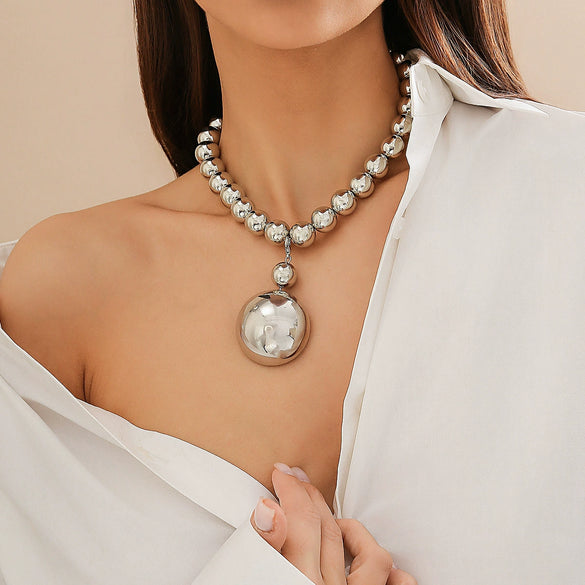 Punk Style Detachable Metal Semicircle Beaded Pendant Necklace With Geometric Pattern And Electroplating Treatment