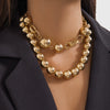 Punk Style Double Layer Round Beaded Necklace With Imitation Pearl Pendant And Ball Chain Geometric Pattern Electroplated For Women
