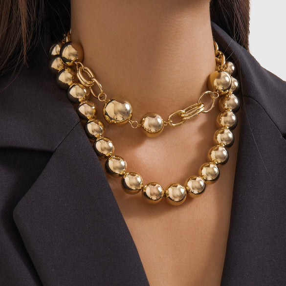 Punk Style Double Layer Round Beaded Necklace With Imitation Pearl Pendant And Ball Chain Geometric Pattern Electroplated For Women