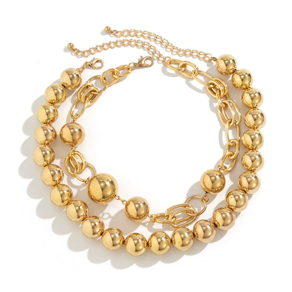 Punk Style Double Layer Round Beaded Necklace With Imitation Pearl Pendant And Ball Chain Geometric Pattern Electroplated For Women