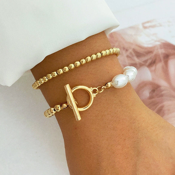 Punk Style Exaggerated Ball Chain Multilayer Bracelet Hiphop Geometric Mixed Material Electroplated Hand Accessories Set