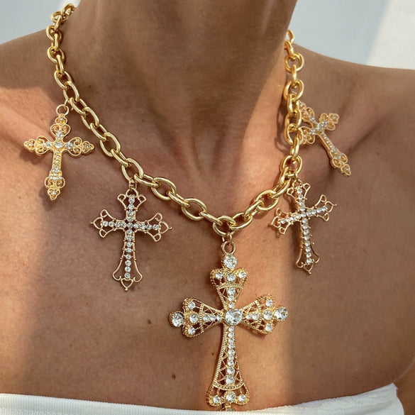Punk Style Geometric Aluminum Chain Alloy Rhinestone Cross Pendant Necklace With Electroplating For Women