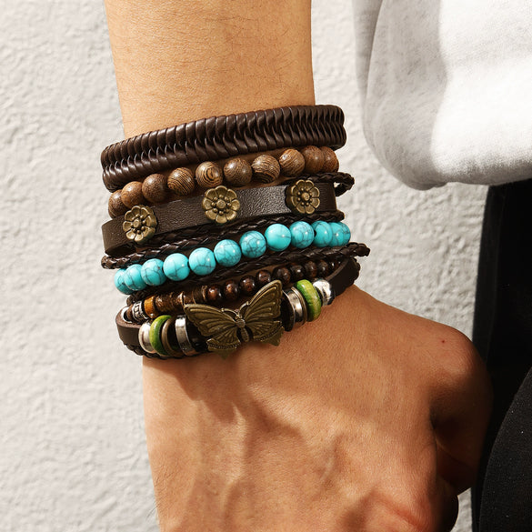 Punk Style Geometric Artificial Leather Handwoven Men's Bracelet Sixpiece Set