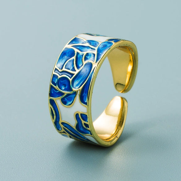 Punk Style Geometric Open Ring With Gold Plated Copper Blue And White Porcelain Pattern And Zircon Detail Adjustable Unisex Jewelry