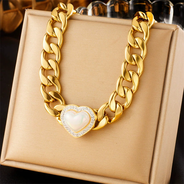 Punk Style Gold Plated Stainless Steel Chain Necklace With Diamond Pearl Love Design
