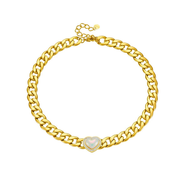 Punk Style Gold Plated Stainless Steel Chain Necklace With Diamond Pearl Love Design