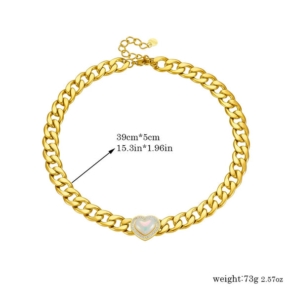 Punk Style Gold Plated Stainless Steel Chain Necklace With Diamond Pearl Love Design