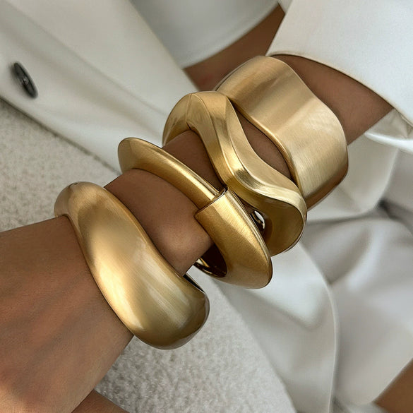 Punk Style Matte Wide Spring Buckle Stainless Steel Irregular Metal Electroplated Bracelet