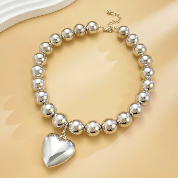 Punk Style Necklace With Big Round Beads And Heart Shaped Pendant Ccb Material Ball Chain Electroplating Treatment