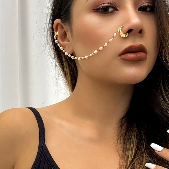 Punk Style Piercing Jewelry Imitation Pearl Butterfly Tassel Chain Earrings And Nose Clips For Women Iron Copper Electroplating Animals Zodiac