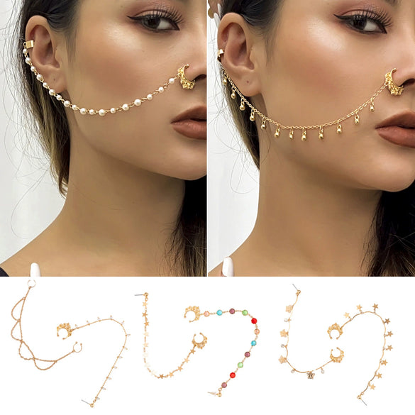 Punk Style Piercing Jewelry Imitation Pearl Butterfly Tassel Chain Earrings And Nose Clips For Women Iron Copper Electroplating Animals Zodiac