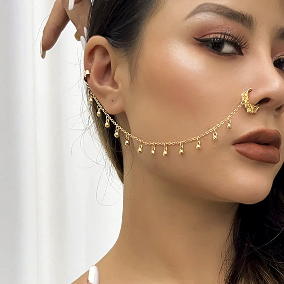 Punk Style Piercing Jewelry Imitation Pearl Butterfly Tassel Chain Earrings And Nose Clips For Women Iron Copper Electroplating Animals Zodiac